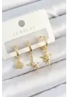 Pirinç Zirkon Taşlı Yıldız Model Gold Renk 3lü Çift Kadın Küpe Set