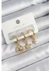 Pirinç Zirkon Taşlı Yıldız Model Gold Renk 3lü Çift Kadın Küpe Set