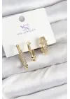 Pirinç Zİrkon Taşlı Yıldız Model Gold Renk 3lü Kadın Küpe
