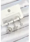 Pirinç Zirkon Taşlı Yıldız Model Gümüş Renk 3lü Çift Kadın Küpe Set
