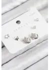 Pirinç Zirkon Taşlı Yıldız Model Gümüş Renk 925 Ayar Gümüş Çivi Kadın Küpe Set