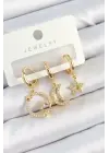 Pirinç Zirkon Taşlı Yıldız Ve Ay Model Gold Renk 3lü Çift Kadın Küpe Set