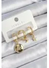 Çelik Zirkon Taşlı Yıldız Ve Ay Model Gold Renk 3lü Çift Kadın Küpe Set