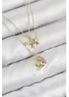 Pirinç Zirkon Taşlı Yıldız Ve Ay Model Gold Renk Kadın Kolye
