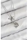 Pirinç Zirkon Taşlı Yıldız Ve Ay Model Gümüş Renk Kadın Kolye