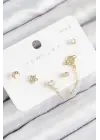 Pirinç Zirkon Taşlı Yıldız Ve Gezegen Model Gold Renk 925 Ayar Gümüş Çivi Kadın Küpe Set