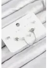 Pirinç Zirkon Taşlı Yıldız Ve Gezegen Model Gümüş Renk 925 Ayar Gümüş Çivi Kadın Küpe Set