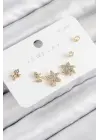 Pirinç Zirkon Taşlı Yıldız Ve Gül Model Gold Renk 925 Ayar Gümüş Çivi Kadın Küpe Set