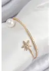 Pirinç Zirkon Taşlı Yıldız Ve İnci Model Gold Renk Kadın Bileklik