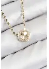 Pirinç Zirkon Taşlı Yonca Model Ezme Zincir Gold Renk Kadın Kolye