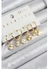 Pirinç Zirkon Taşlı Yonca Model Gold Renk 6lı Küpe Set