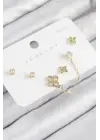 Pirinç Zirkon Taşlı Yonca Model Gold Renk 925 Ayar Gümüş Çivi Kadın Küpe Set