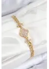 Pirinç Zirkon Taşlı Yonca Model Gold Renk Kadın Bileklik