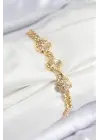 Pirinç Zirkon Taşlı Yonca Model Gold Renk Kadın Bileklik