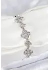 Pirinç Zirkon Taşlı Yonca Model Gümüş Renk VIP Seri Kadın Bileklik