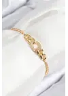 Pirinç Zirkon Taşlı Zincir Model Gold Renk Asansörlü Kadın Bileklik
