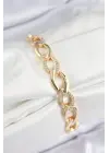 Pirinç Zirkon Taşlı Zincir Model Gold Renk Kadın Bileklik