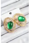 Pirinç Zümrüt Yeşili Zirkon Taşlı Oval Model Gold Renk Kadın Küpe