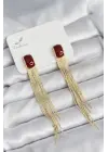 Sallantılı Bordo Mineli Gold Renk Kadın Küpe