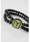 Sarı Renkli Metal Üzerine Siyah Kayı Boyu Figürlü Siyah Renk Çift Sıra Doğal Taş Erkek Bileklik