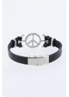 Silver Renk Barış Figürlü Metal Aksesuarlı Siyah Renk Deri Erkek Bileklik