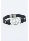 Silver Renk Barış Figürlü Metal Aksesuarlı Siyah Renk Deri Erkek Bileklik