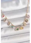 Sıralı Karışık Renk Zirkon Taşlı Gold Pirinç Kolye