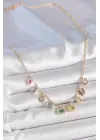 Sıralı Karışık Renk Zirkon Taşlı Gold Pirinç Kolye