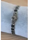 Siyah Gümüş Renk Zirkon Taşlı Makrome Doğal Taş Erkek Bileklik
