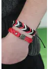 Siyah Kırmızı Renk Deri Erkek Bileklik Kombin