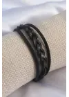 Siyah Ördü Model Deri Erkek Bileklik