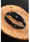Sonsuzluklu Metal Aksesuarlı Siyah Deri Erkek Bileklik