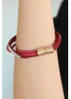 Taşlı Kırmızı Deri Bayan Bileklik