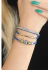 Taşlı Mavi Renk Deri Bayan Bileklik