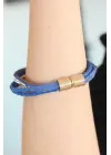Taşlı Mavi Renk Deri Bayan Bileklik