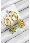 VIP Pirinç Zirkon Taşlı Çiçek Model Gold Renk Kadın Küpe