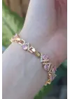 Vip Seri Pirinç Pembe Zirkon Taşlı Gold Renk V Model Bileklik