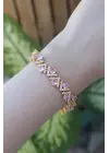 Vip Seri Pirinç Pembe Zirkon Taşlı Gold Renk V Model Bileklik