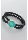 Yeşil Metal Üzerine Silver Osmanlı Tuğra Figürlü Siyah Renk Çift Sıra Doğal Taş Erkek Bileklik