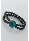 Yeşil Metal Üzerine Siyah Osmanlı Tuğra Figürlü Siyah Renk Çift Sıra Doğal Taş Erkek Bileklik