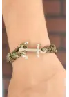 Yeşil Renk Desenli Metal Çapalı Erkek Bileklik