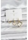 Yonca Model Gold Renk Pirinç 3lü Kadın Küpe Seti