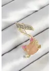 Zirkon Taşlı 3D Kedi Detaylı Nota Figürlü Gold Renk Kadın Broş