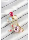 Zirkon Taşlı Balonlu Pembe Tavşan Figürlü Gold Renk Kadın Broş