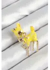 Zirkon Taşlı Fiyonk Detaylı 3D Sarı Ceylan Figürlü Gold Renk Kadın Broş