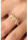 Zirkon Taşlı Gold Renk Kalp ve Kuş Figürlü Ayarlanabilir Kadın Yüzük