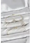 Zirkon Taşlı Gold Renk Yonca Tasarım 3lü Kadın Bileklik Kombini