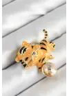Zirkon Taşlı Siyah Çizgili Turuncu Kaplan Figürlü Gold Renk Kadın Broş