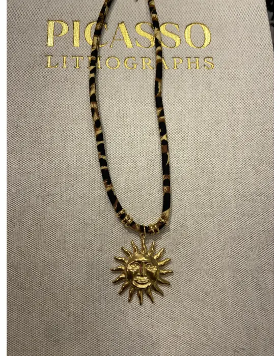 Leopar Desenli İp Zincirli Altın Güneş Kolye