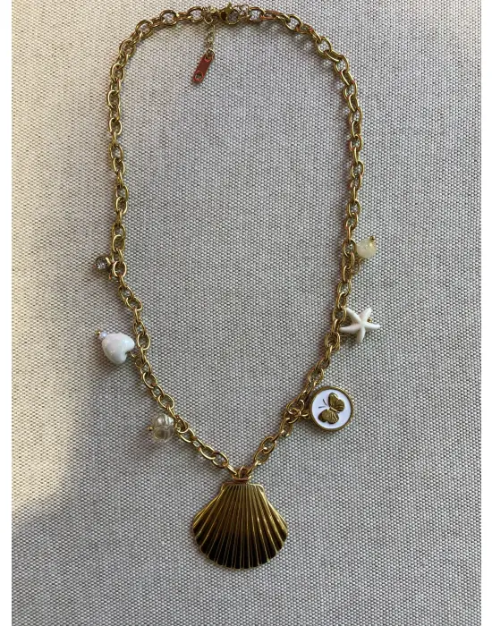 Deniz Kabuklu Midye ve İncili İstiridye Charmlı Altın Kolye